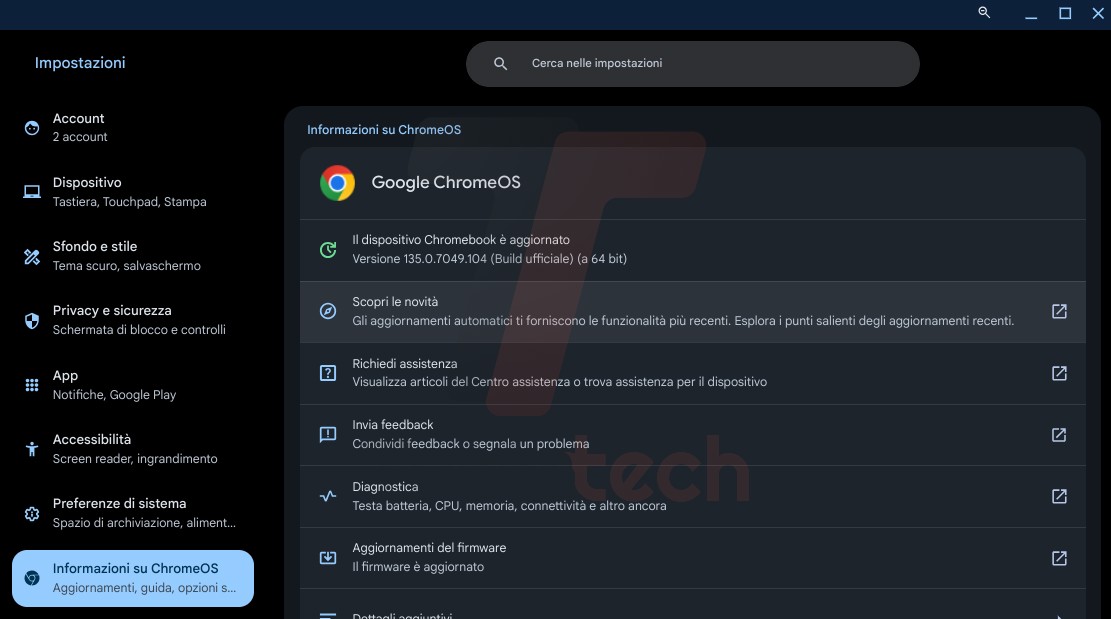 chromeos 135 aggiornamento