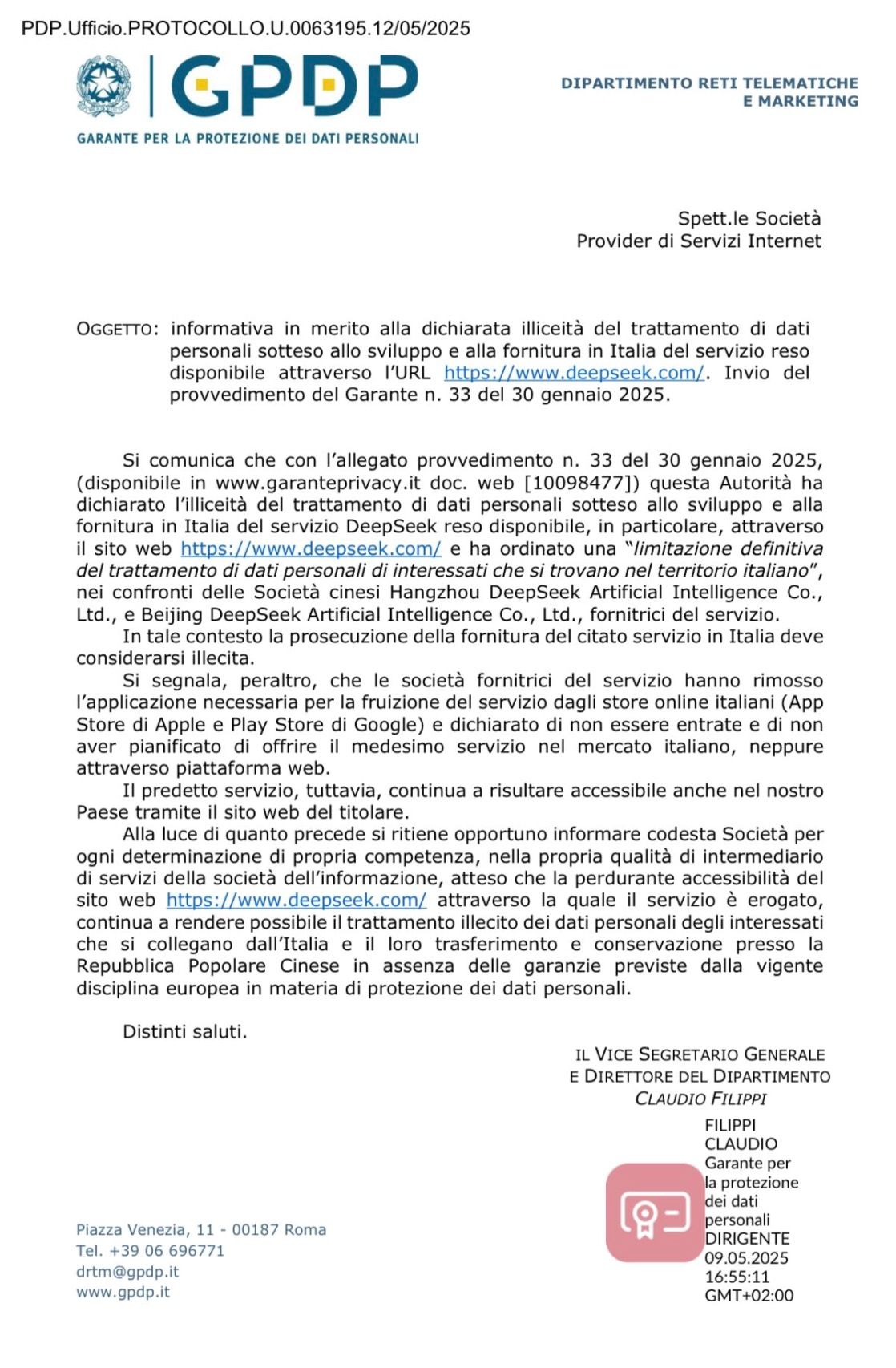 lettera Garante Privacy DeepSeek