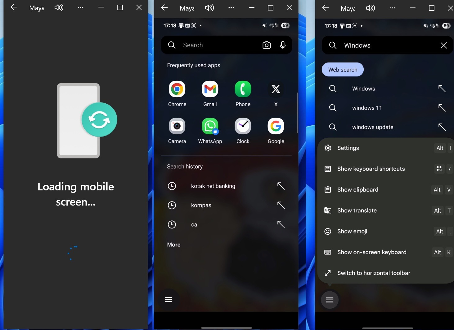 windows 11 mirroring android menù start