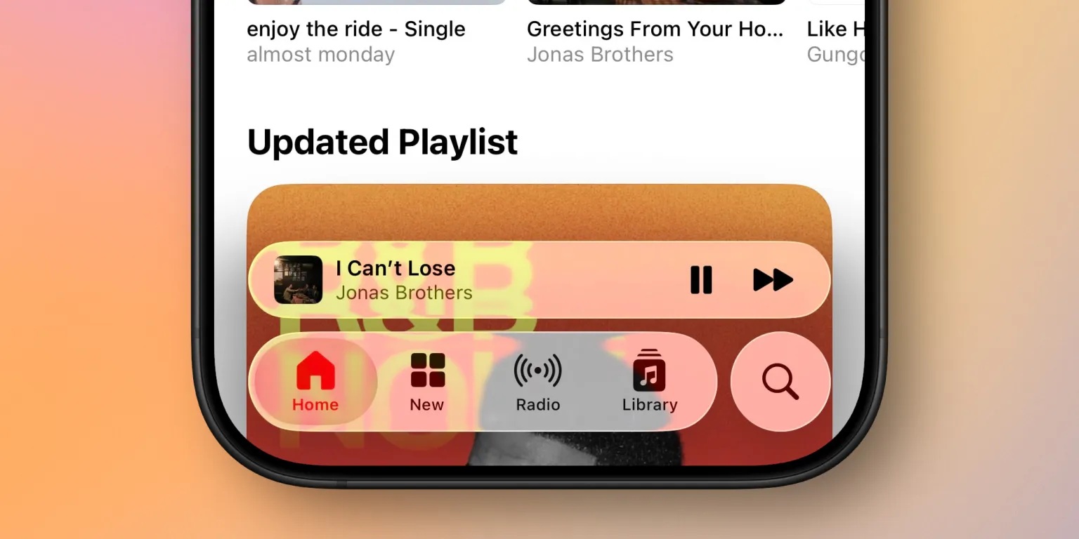 Apple iOS 26 DB6 - Apple Music - Barra navigazione liquid glass