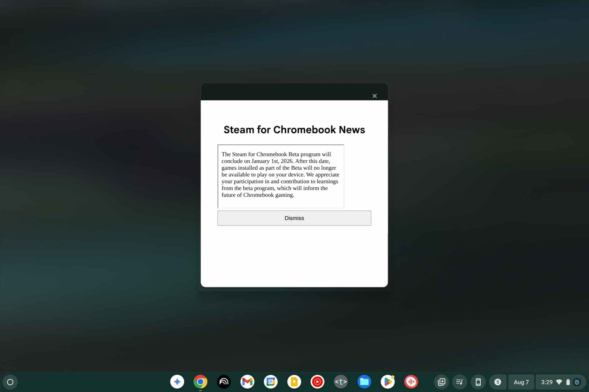 messaggio chiusura steam chromebook