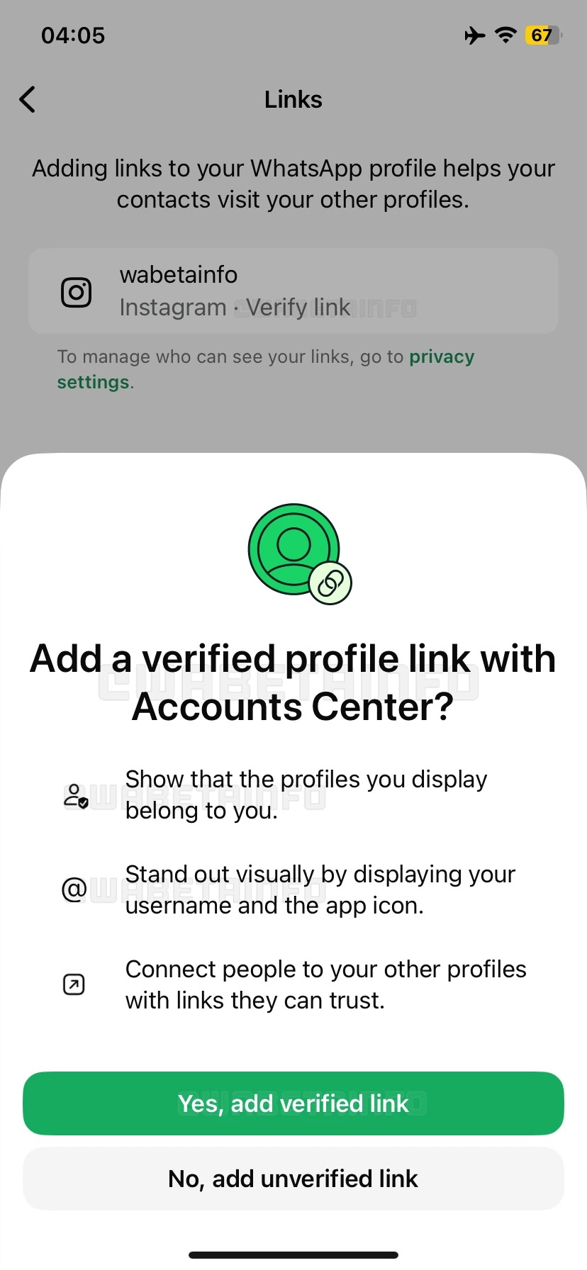whatsapp beta verifica link profilo instagram