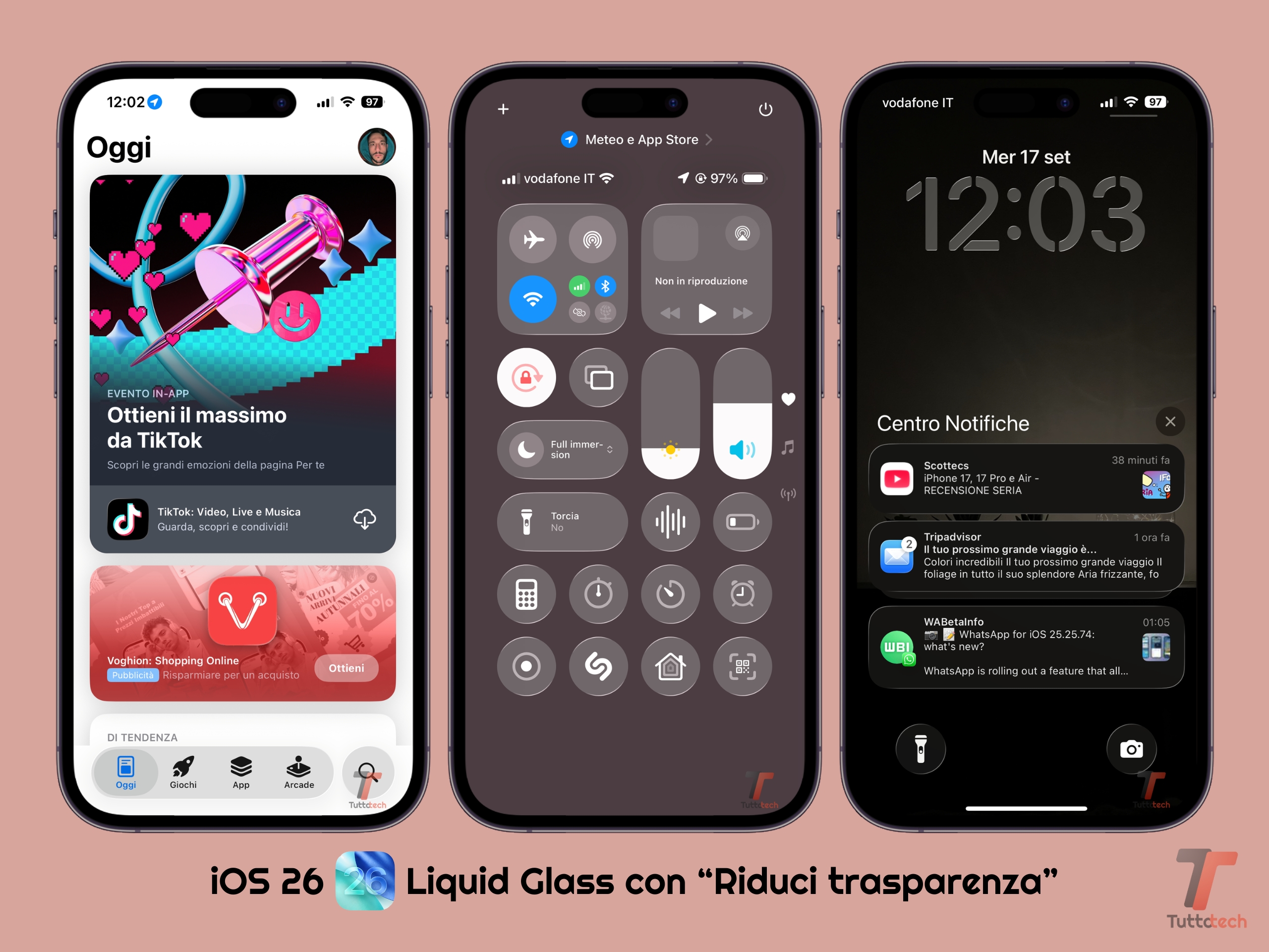 Apple iOS 26 - Esempi con Liquid Glass e Riduci trasparenza