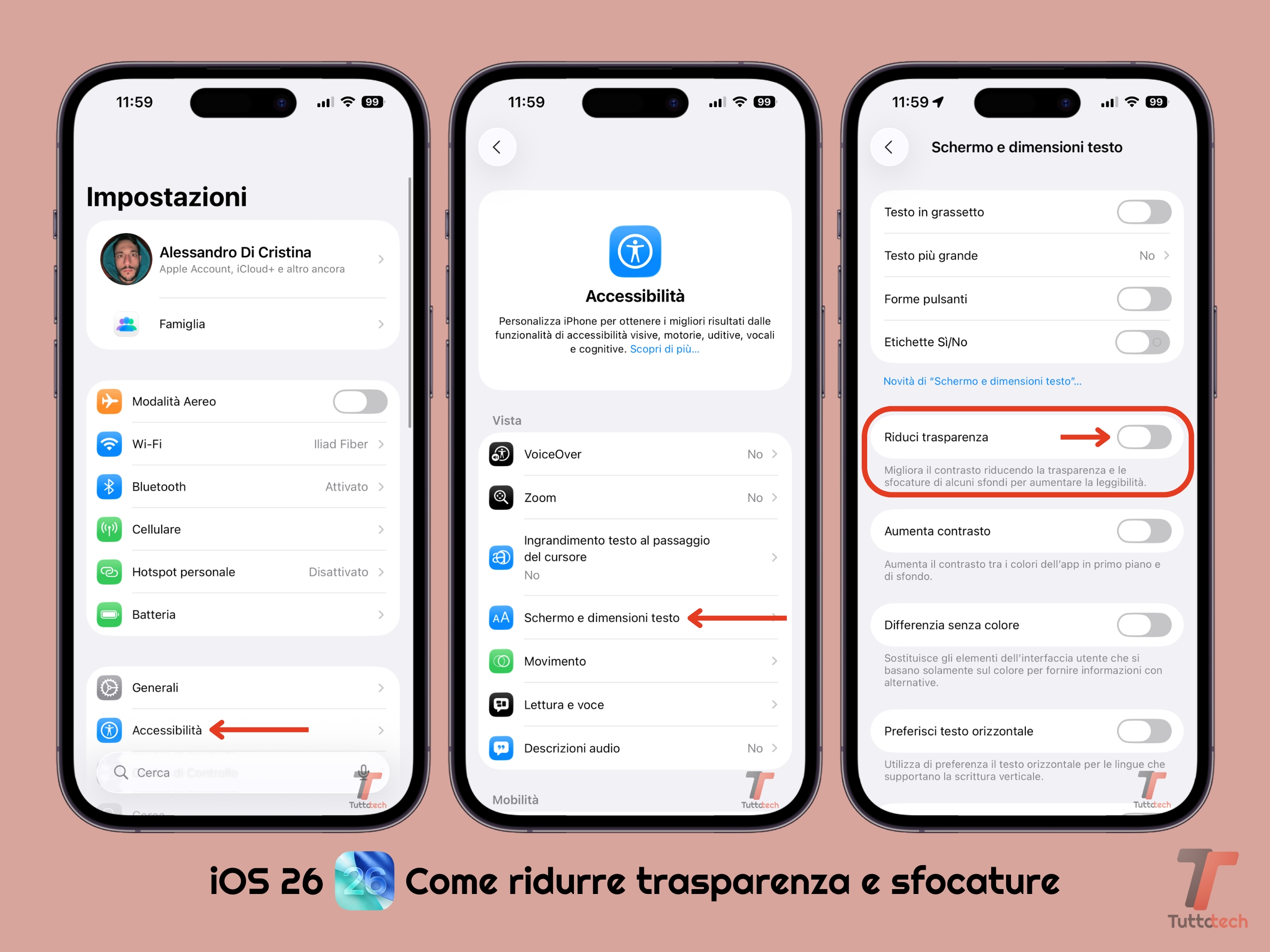 Apple iOS 26 - Impostazioni - Accessibilità - Riduci trasparenza