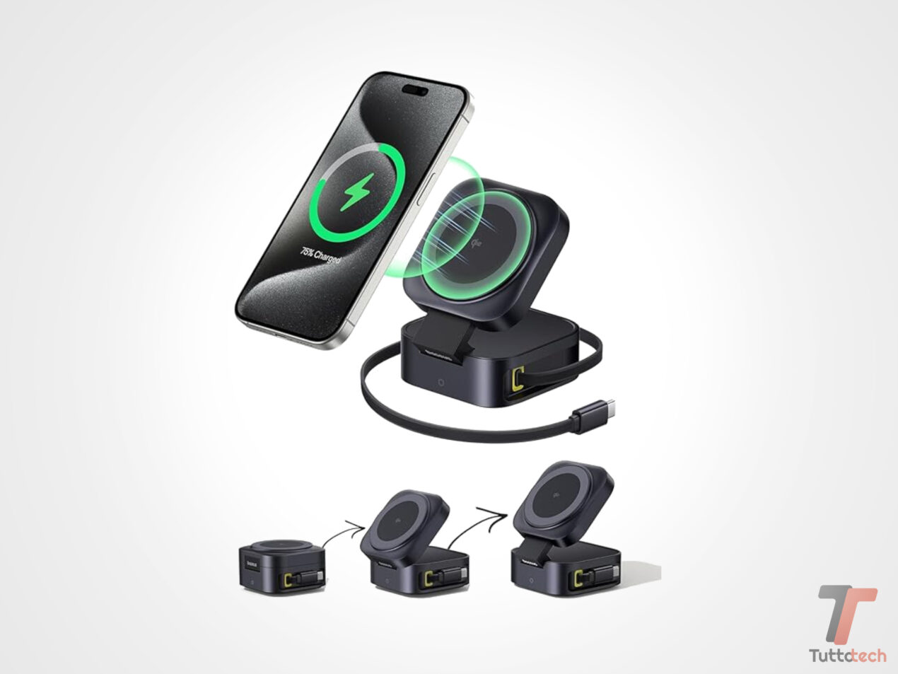 Stazione di ricarica Baseus 2 in 1: stand, ricarica wireless e USB-C da 67W in tasca