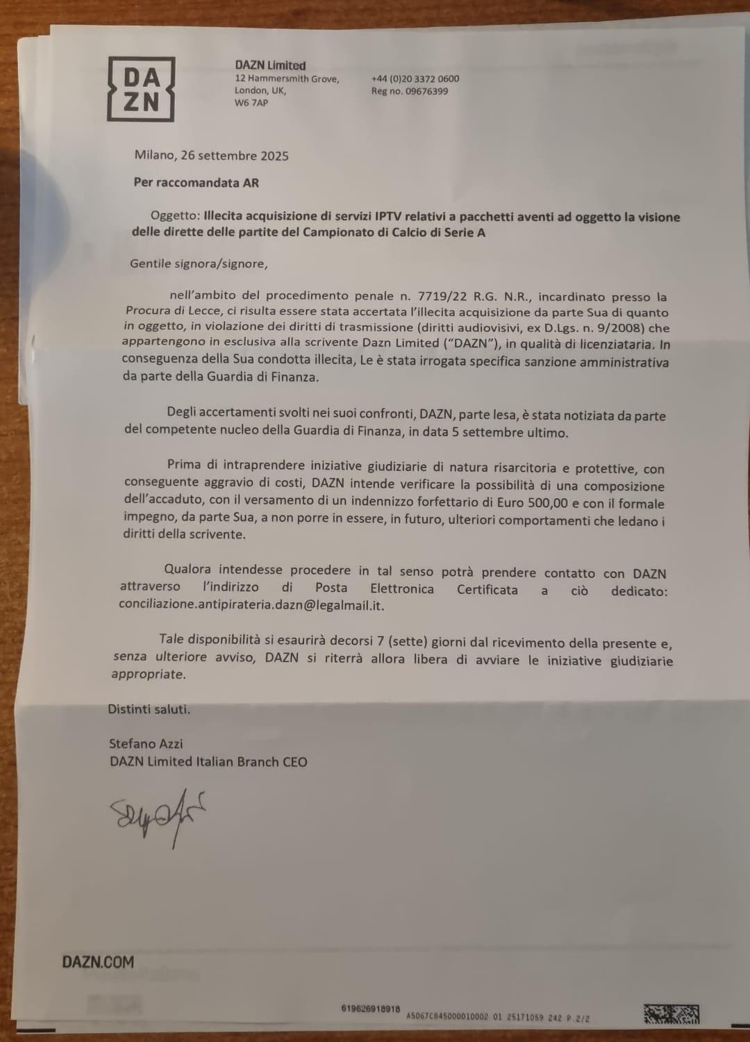 DAZN - Raccomandata AR - indennizzo forfettario 500 euro settembre 2025
