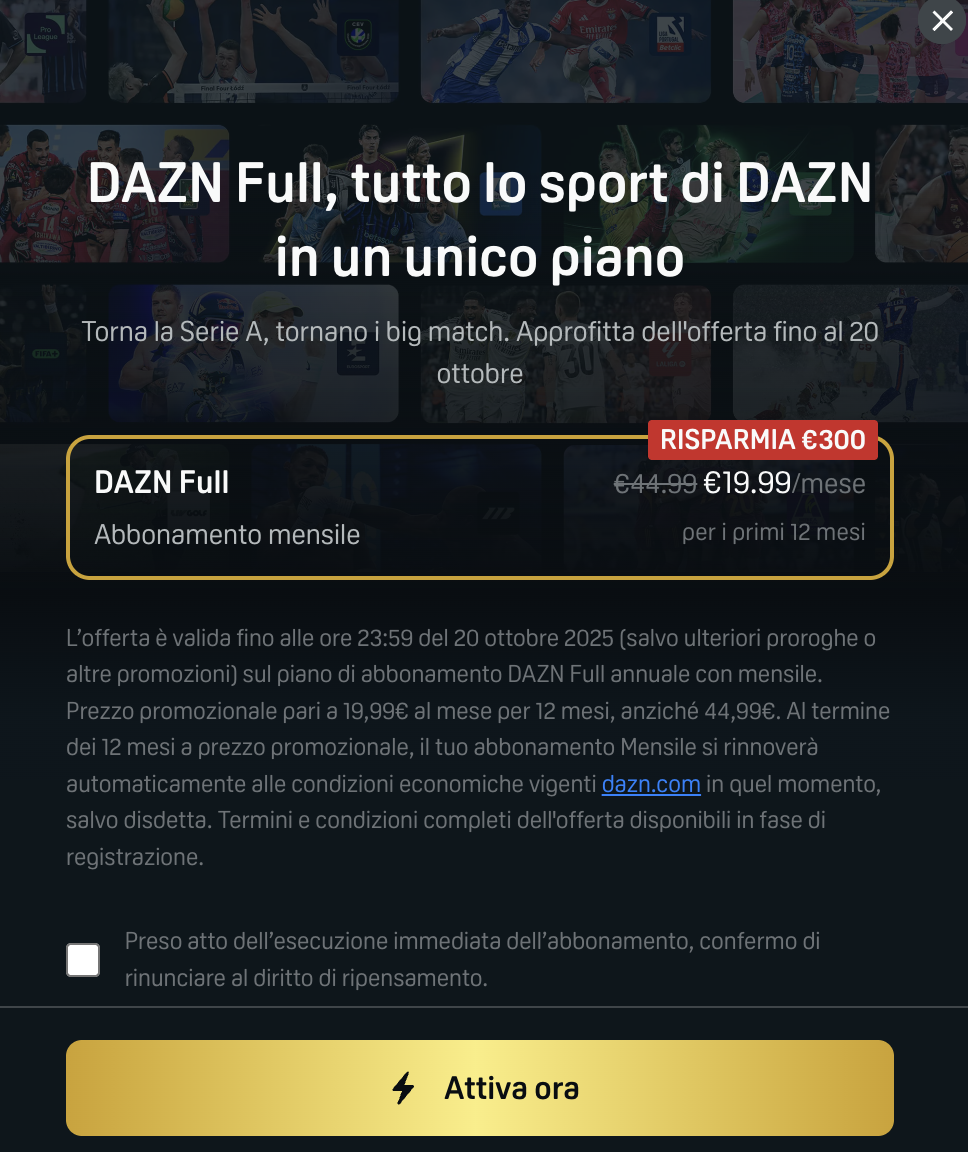 DAZN Full in abbonamento a 19,99€/mese per 12 mesi ma solo per oggi (per alcuni clienti) 11
