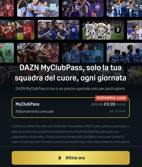 DAZN propone l'upgrade: MyClubPass a 9,99€ al mese, e se lo hai già il Full a 19,99€ 5