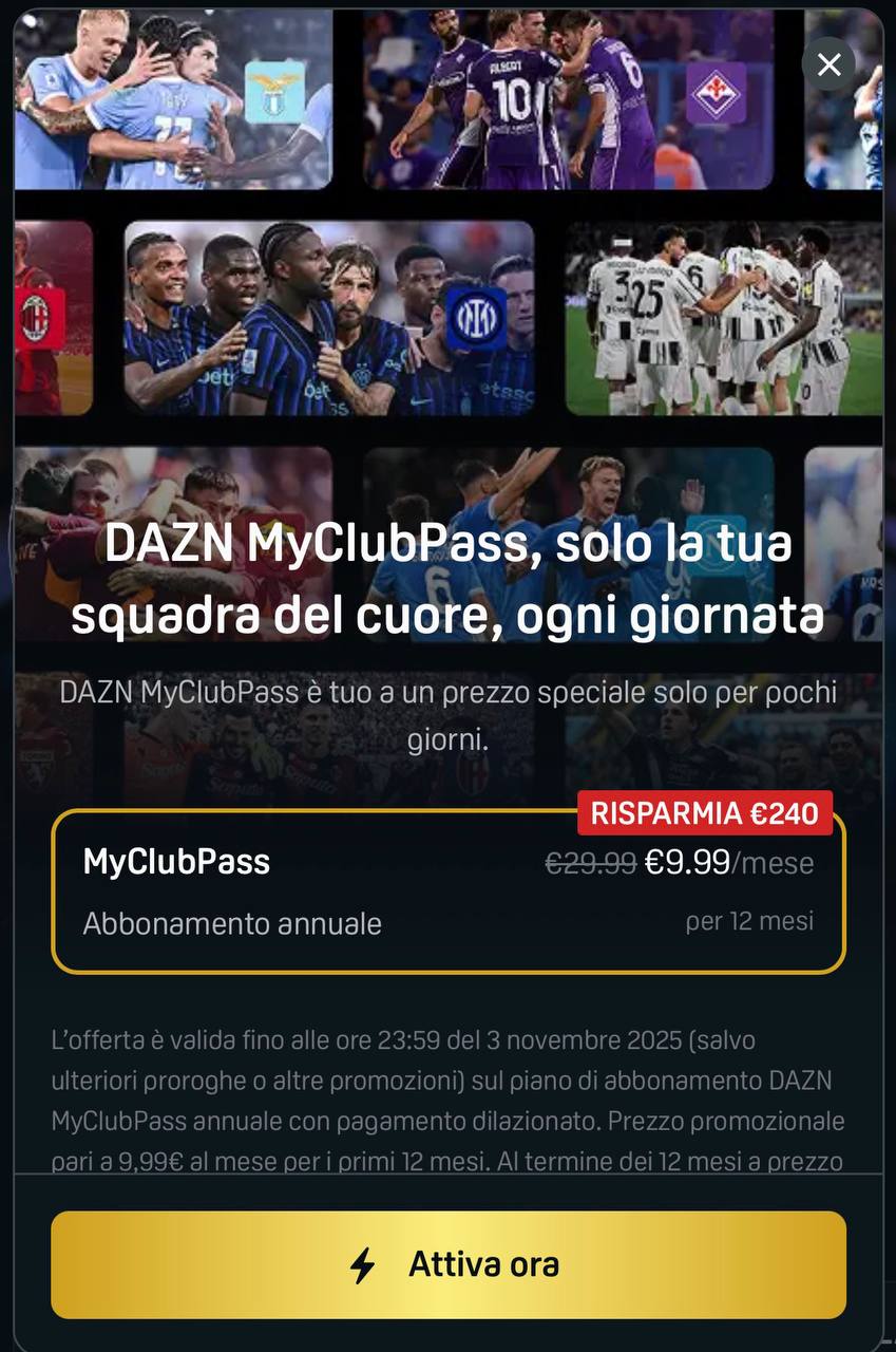 DAZN MyClubPass in offerta da 29,99 euro a 9,99 euro al mese, solo per pochi giorni 1