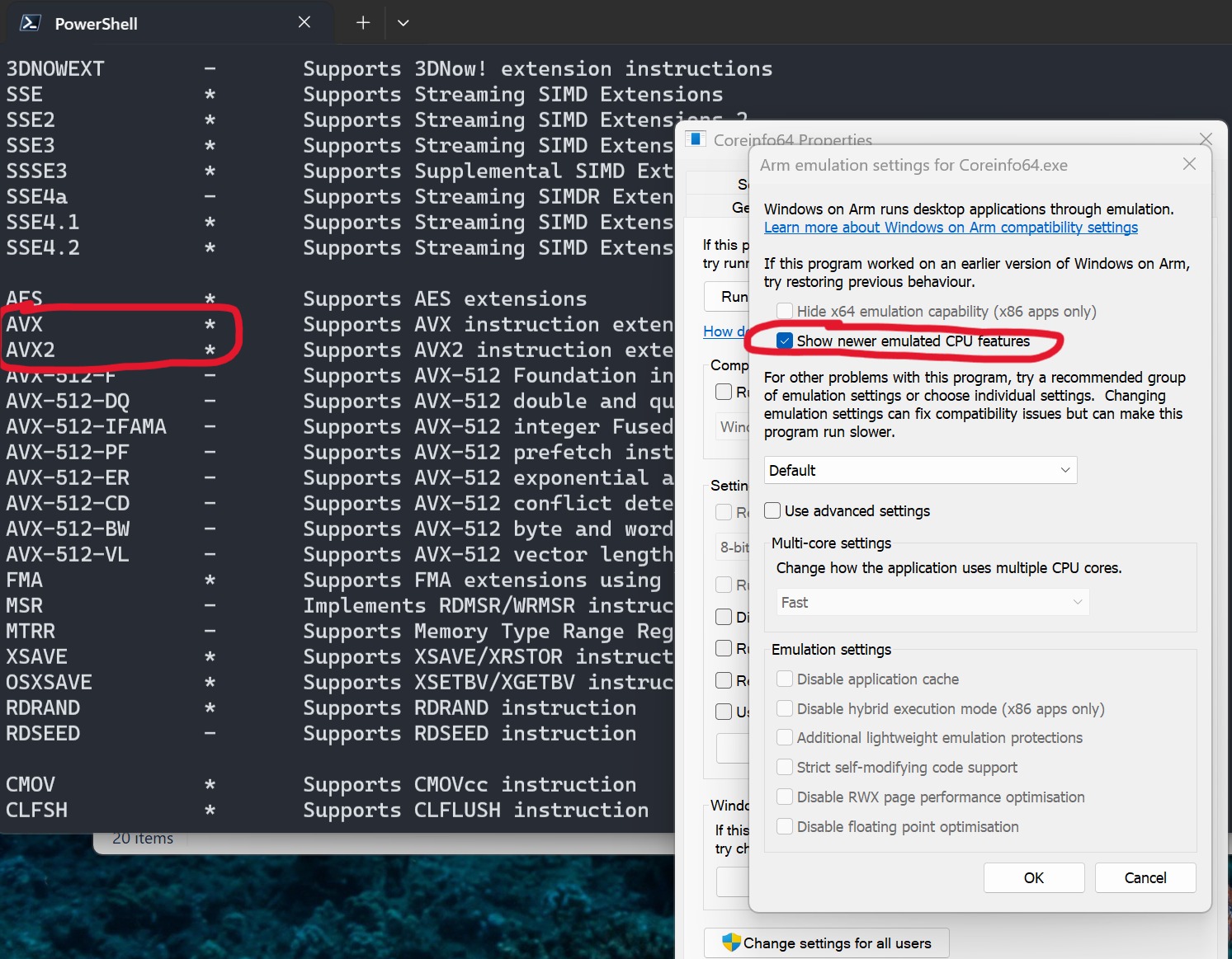 windows on arm supporto avx