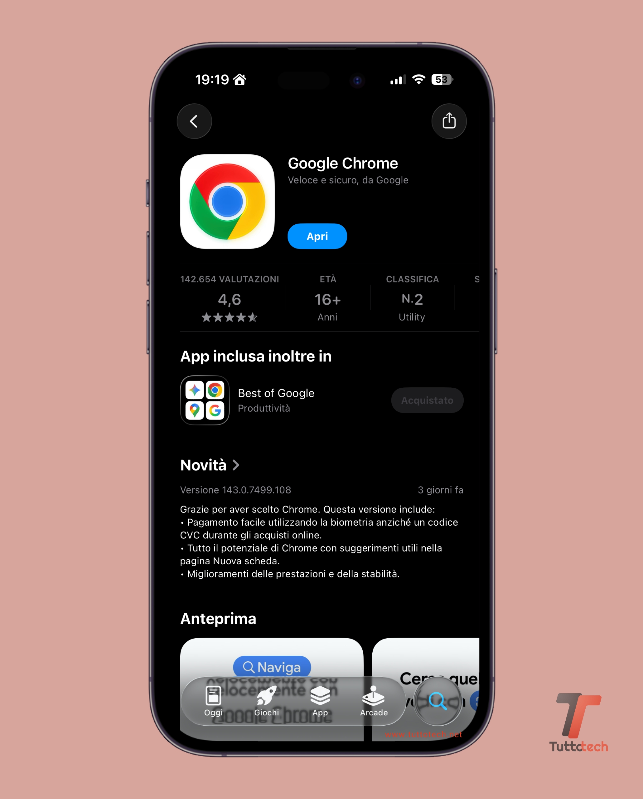 Google Chrome per iOS v143 - pagina App Store