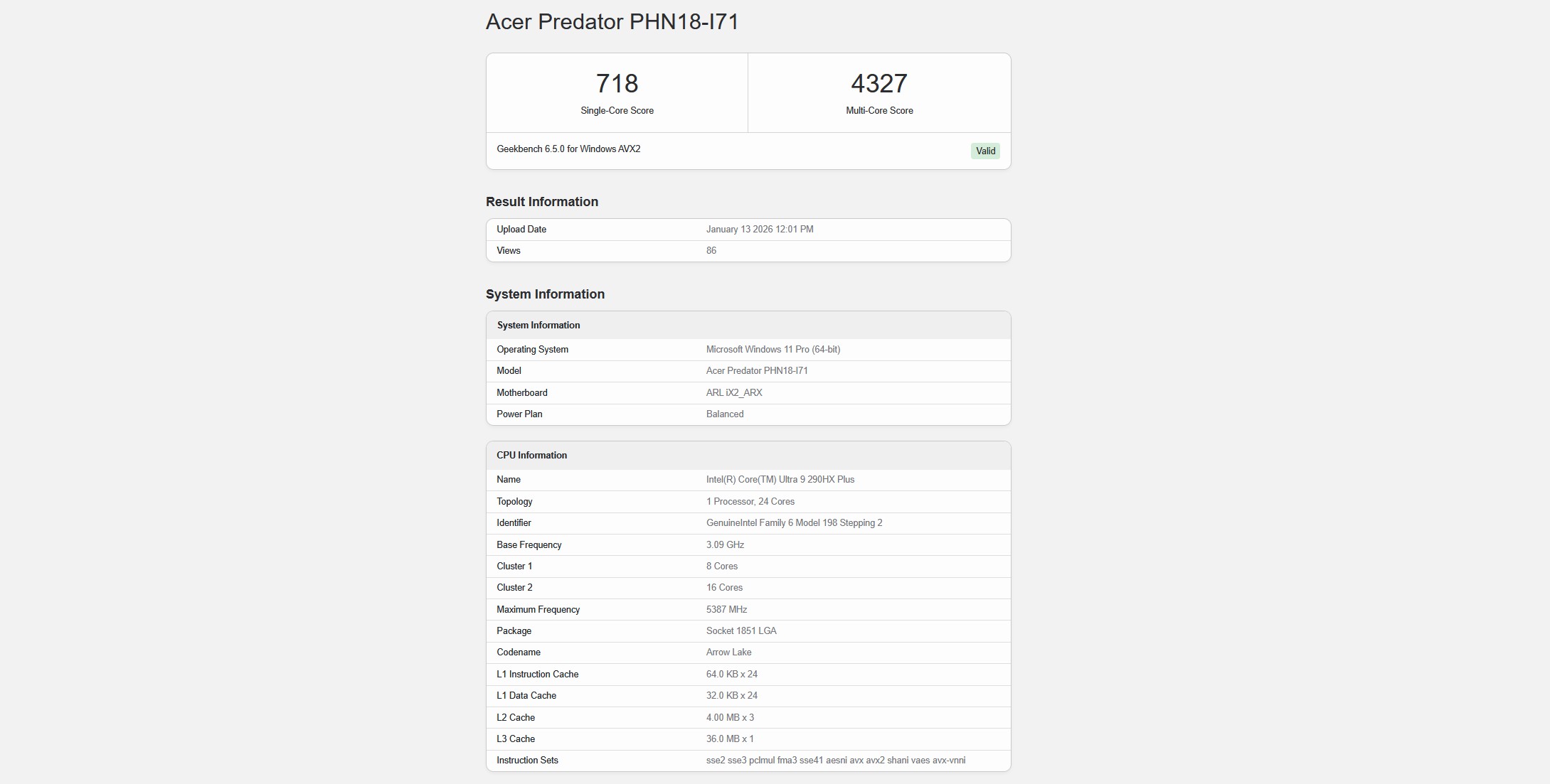 Intel Core Ultra 9 290HX Plus Geekebench