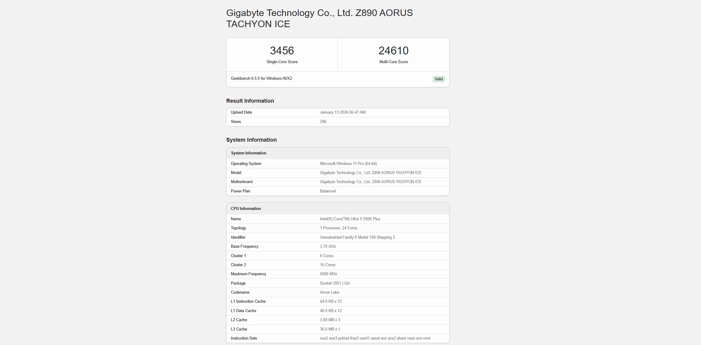 Intel Core Ultra 9 290K Plus Geekebench