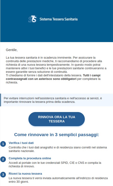 tessera sanitaria truffa rinnovo