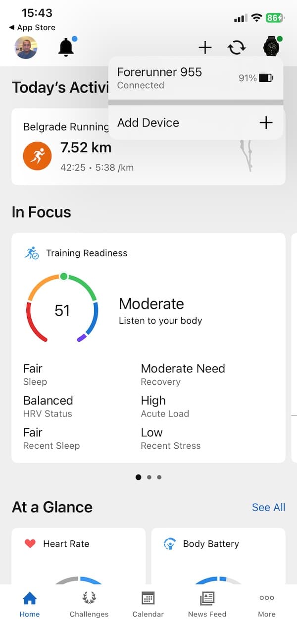 Garmin Connect - Screenshot che mostra la batteria dei dispositivi in tempo reale