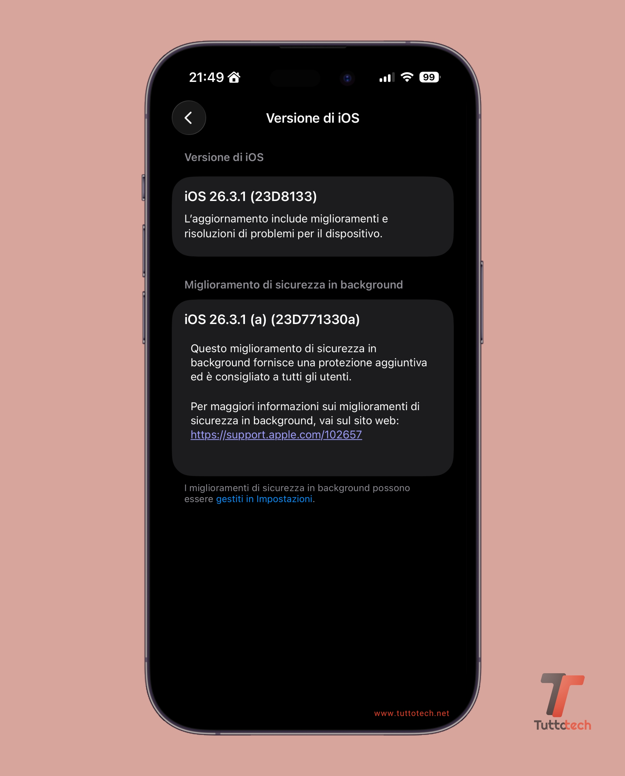 Apple iOS 26.3.1 (a) dettagli on iPhone 14 Pro