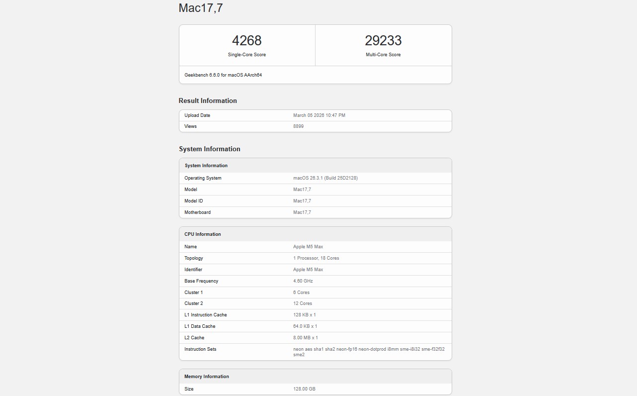 apple m5 max geekbench