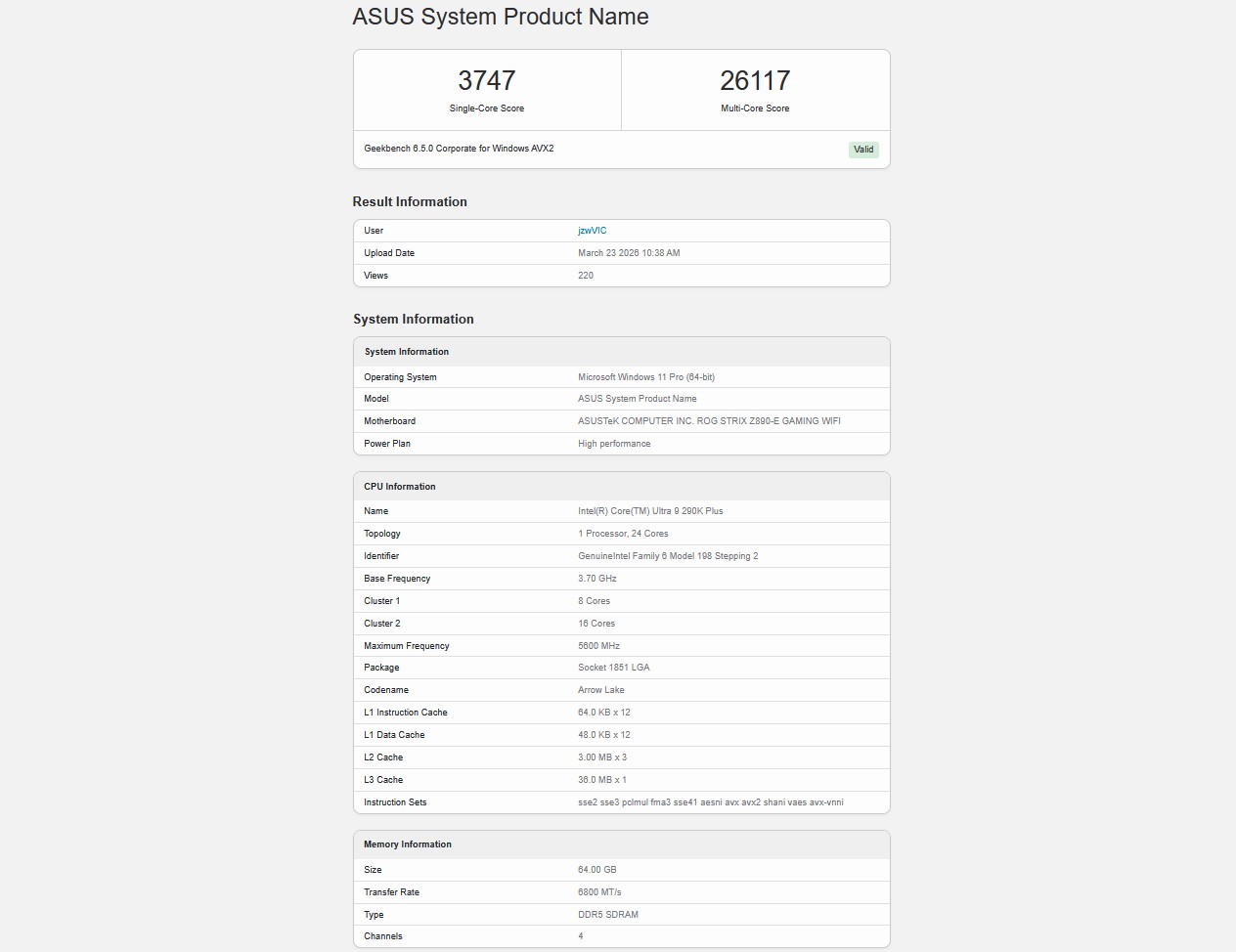 intel core ultra 9 290k plus geekbench