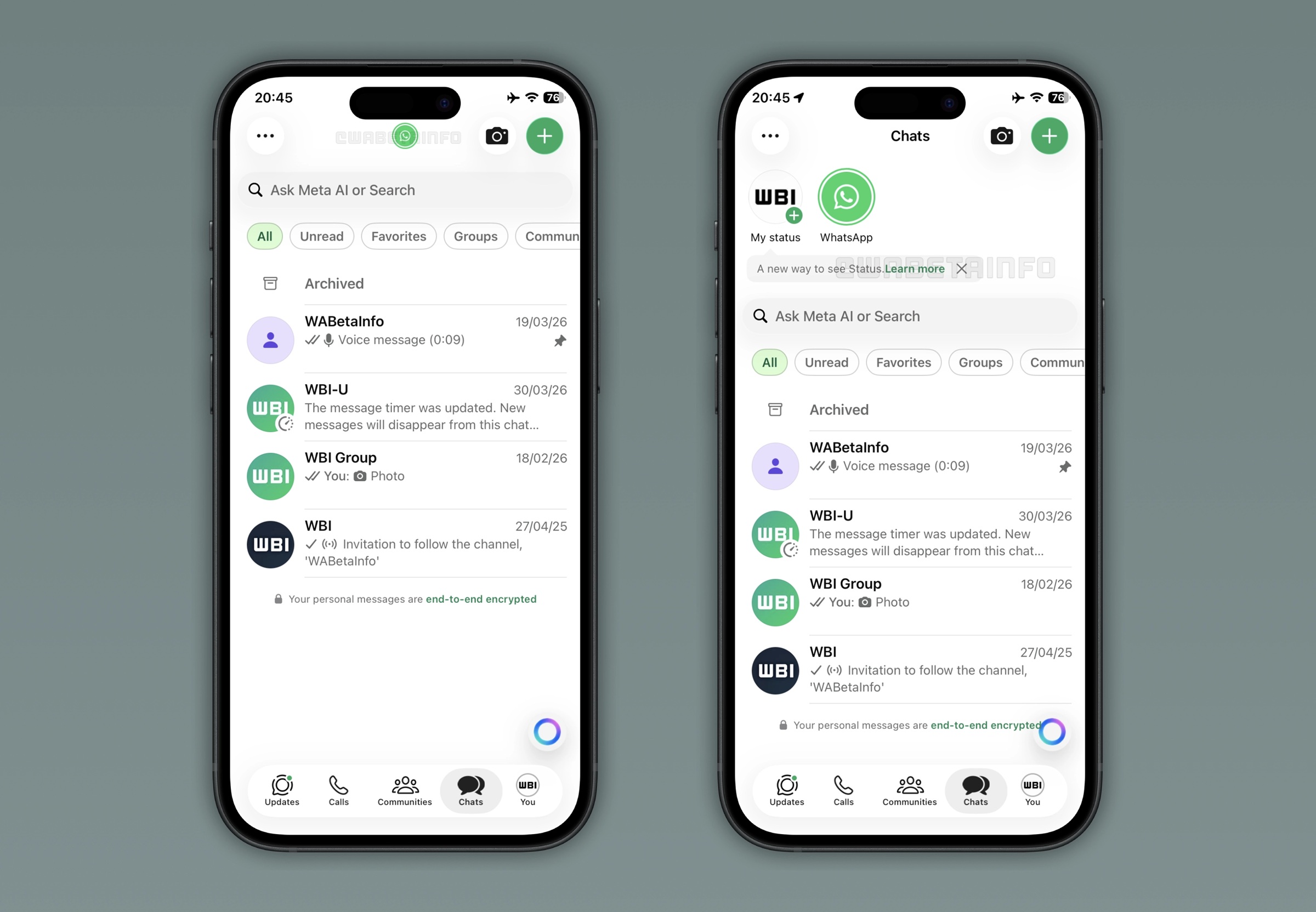 WhatsApp Beta per iOS v26.14.10.70 - Storie nella scheda Chat WBI
