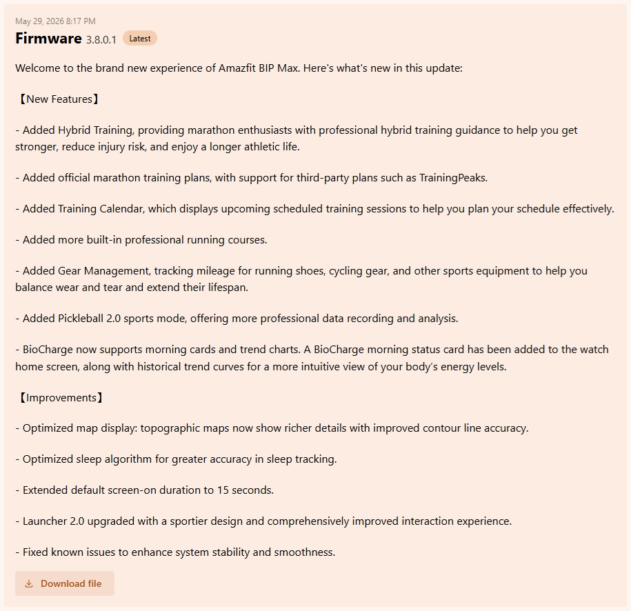 Amazfit Bip Max - aggiornamento v3.8.0.1 changelog