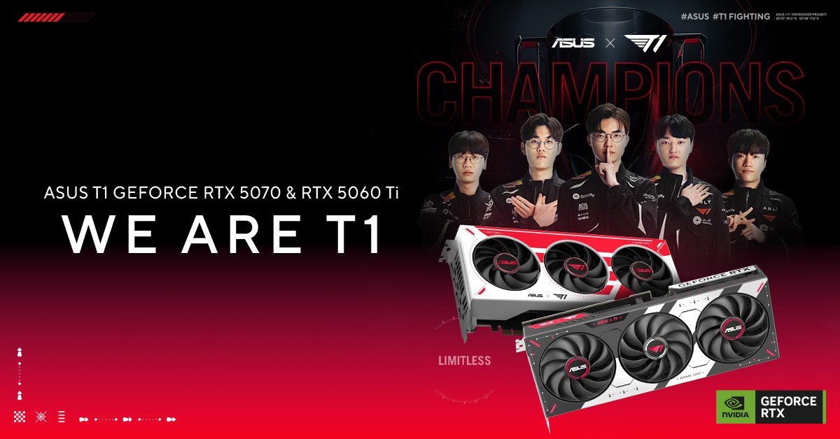 ASUS T1 GeForce RTX 5070 e RTX 5060 Ti ufficiali: le GPU dedicate ai campioni di League of Legends