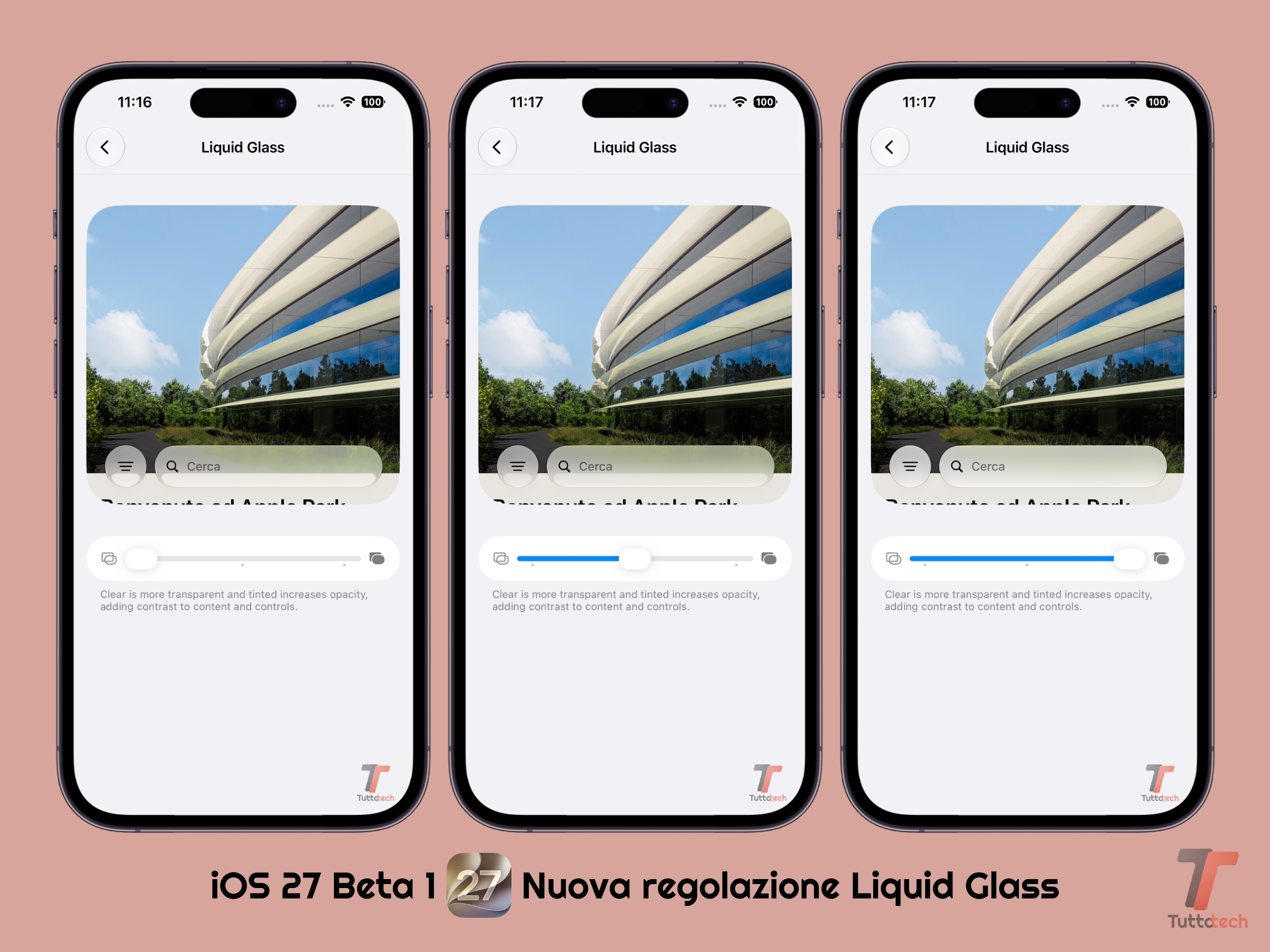 Apple iOS 27 - Beta 1 - Regolazione Liquid Glass