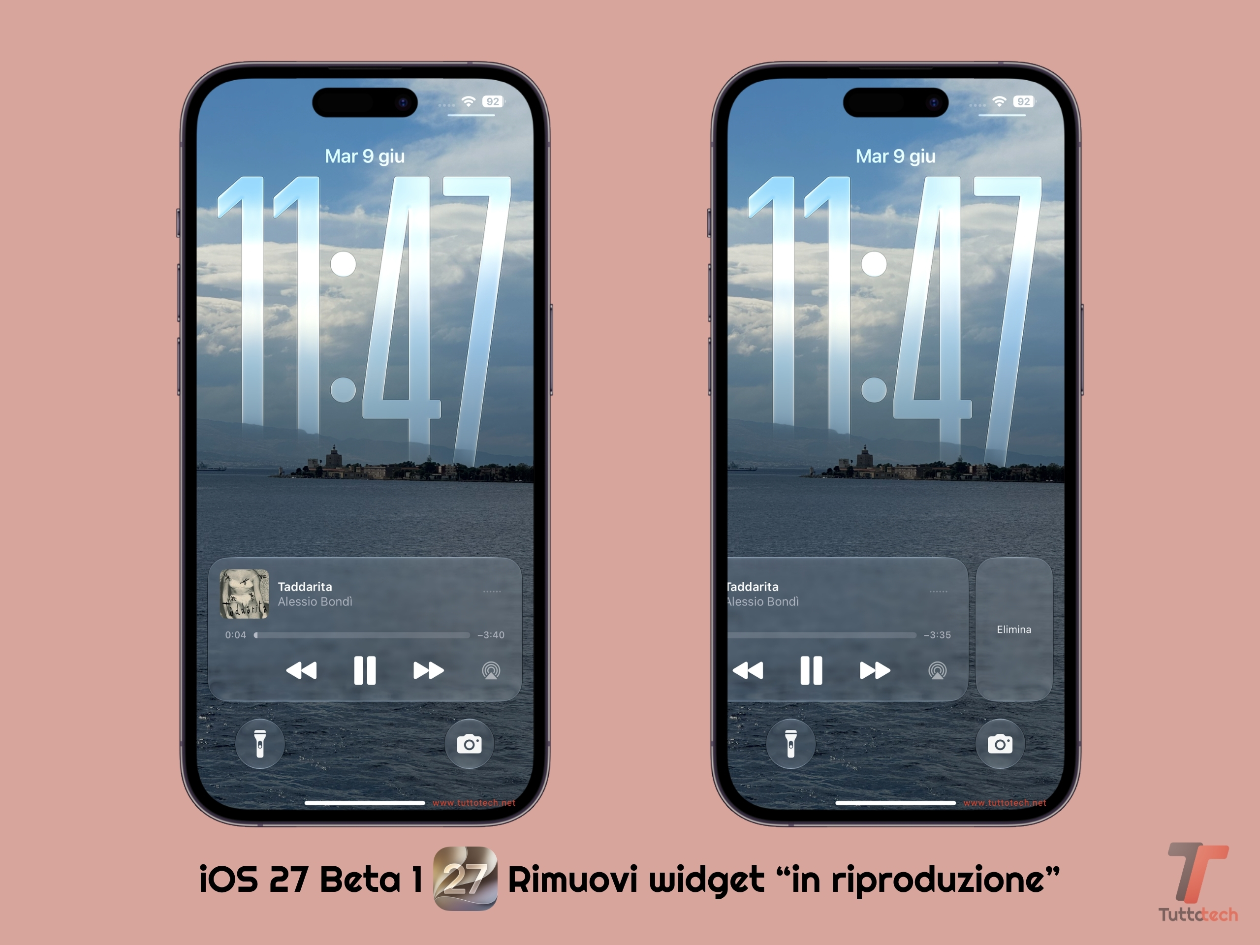 Apple iOS 27 - Beta 1 - Schermata di blocco - Widget in riproduzione