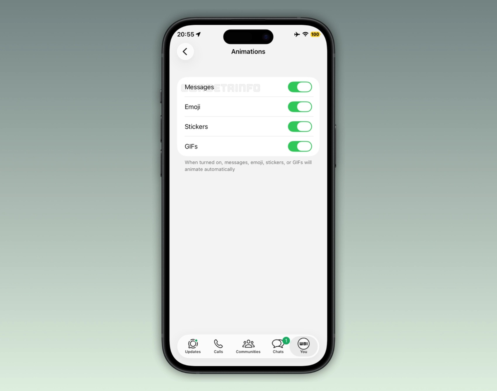 WhatsApp Beta per iOS v26.24.10.70 - opzione animazione messaggi WBI