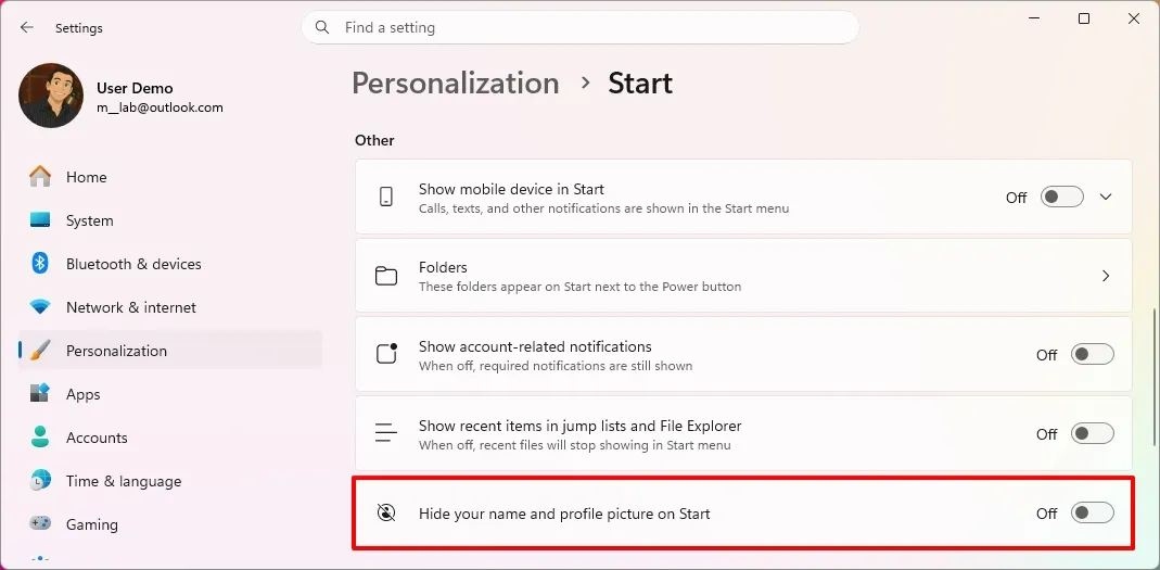 windows 11 menù start nascondere profilo