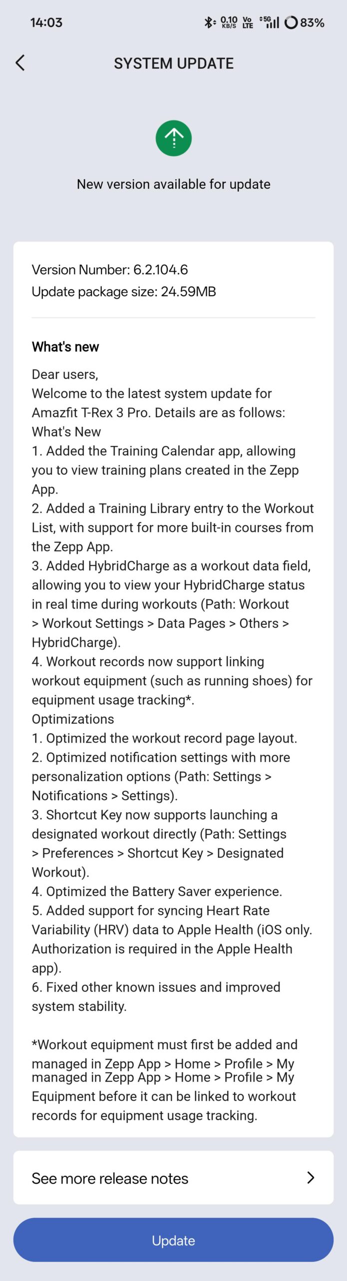 Amazfit T-Rex 3 Pro - changelog v6.2.104.6
