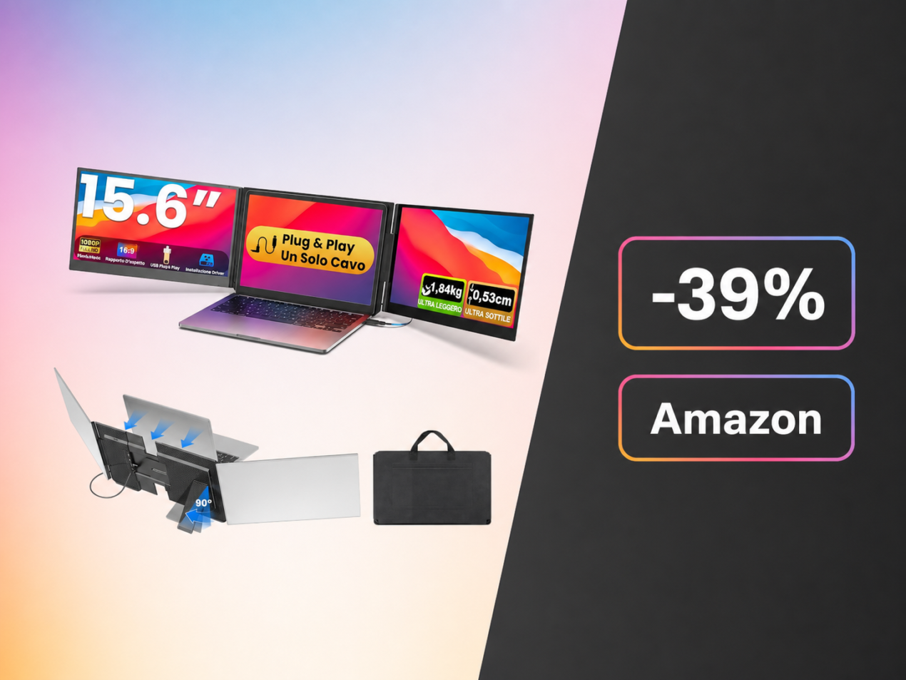 Kwumsy S6: il monitor portatile triplo schermo crolla al minimo storico su Amazon (-39%)