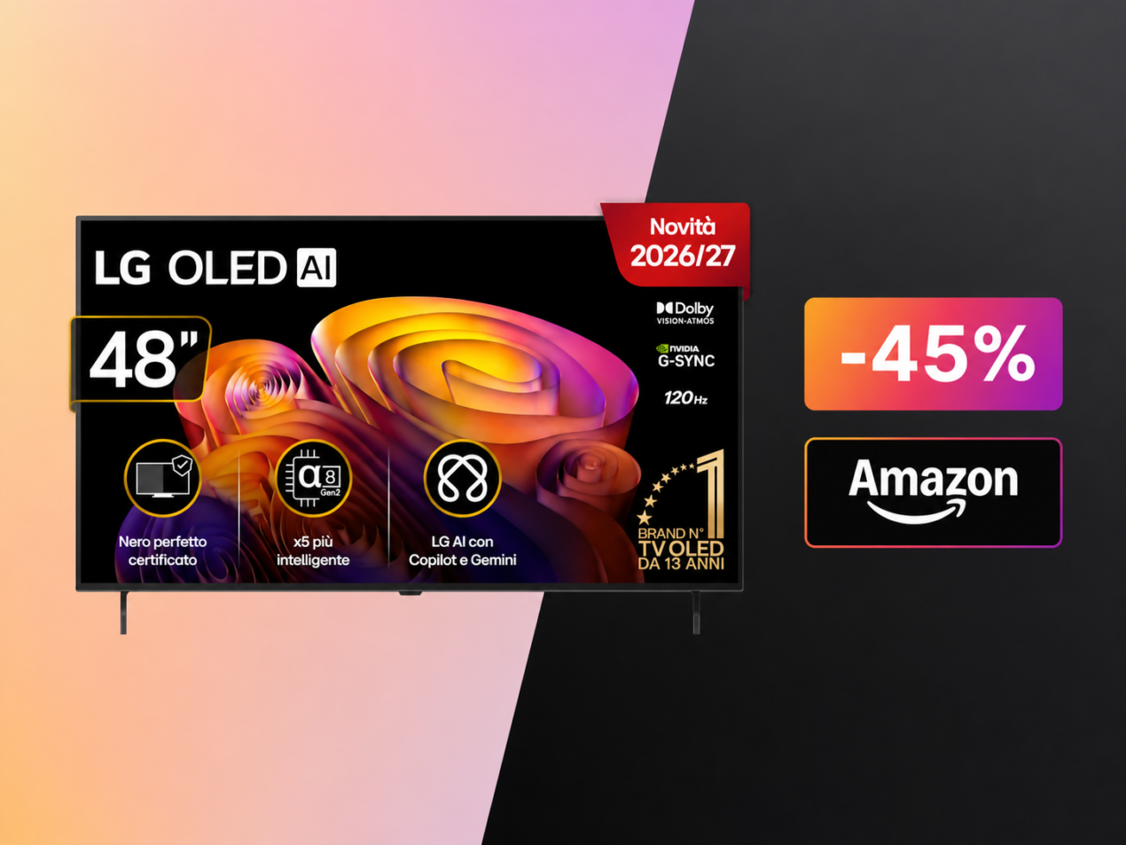 LG OLED 48" 2026 crolla a 719€ su Amazon: tornano i 580€ di sconto sul miglior TV OLED