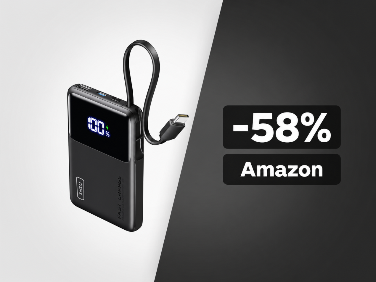 Il power bank INIU da 10.000mAh con cavo USB-C integrato crolla a 14€ su Amazon: sconto del 58%