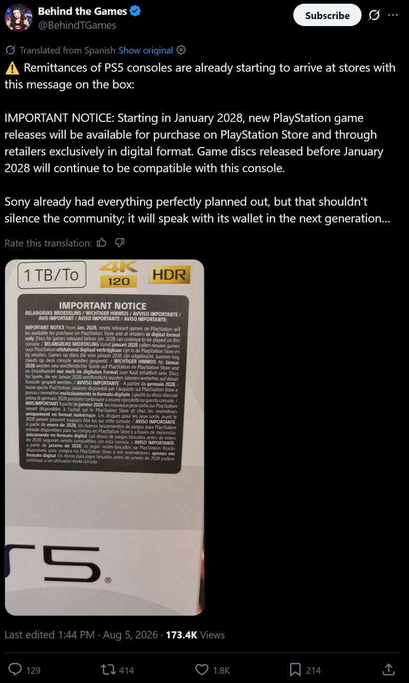 Sulle confezioni di PlayStation 5 spunta un'etichetta che avvisa della fine dei dischi fisici 1