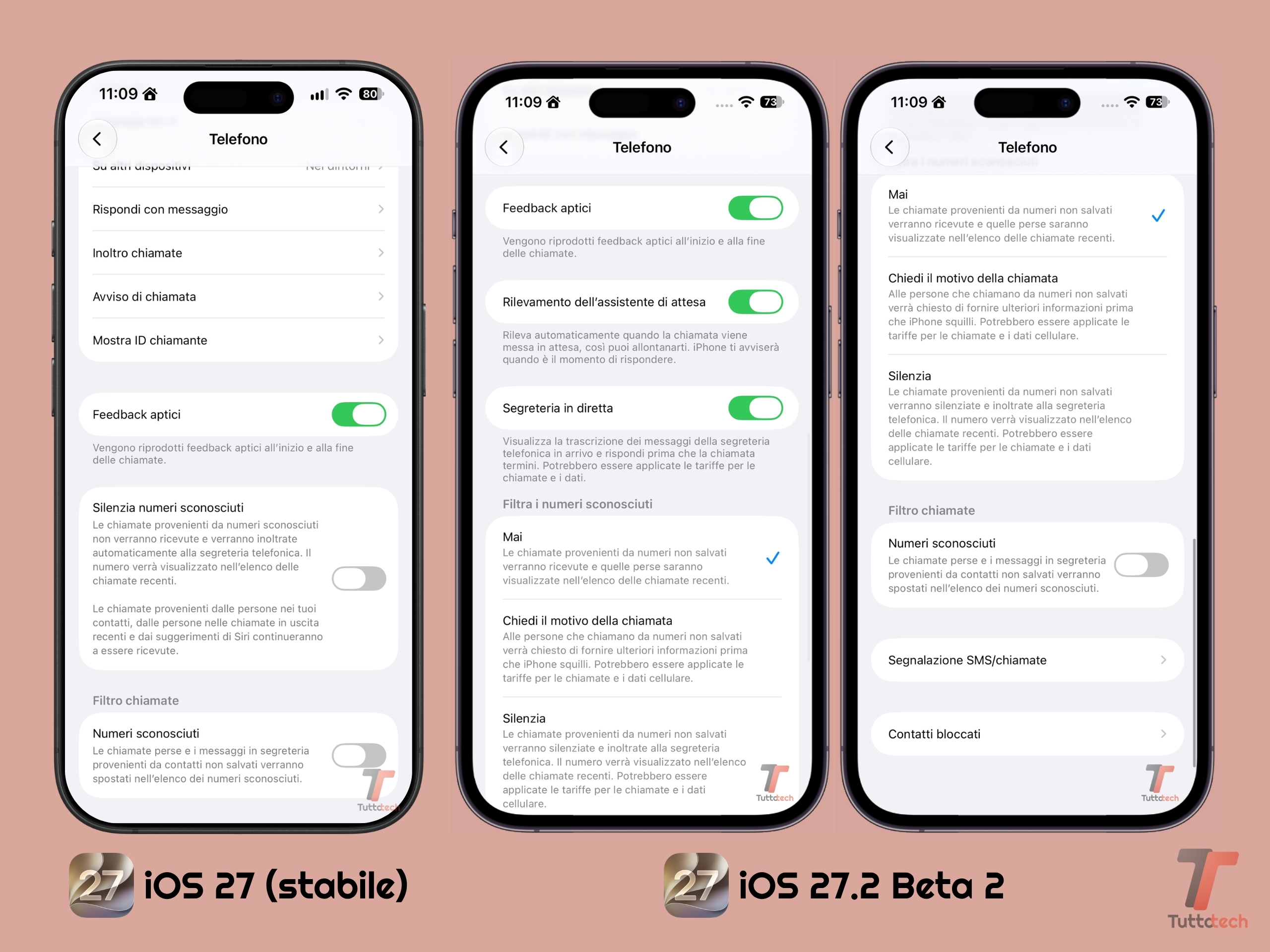 Apple iOS 27.2 DB2 - Impostazioni - App - Telefono - Filtra i numeri sconosciuti