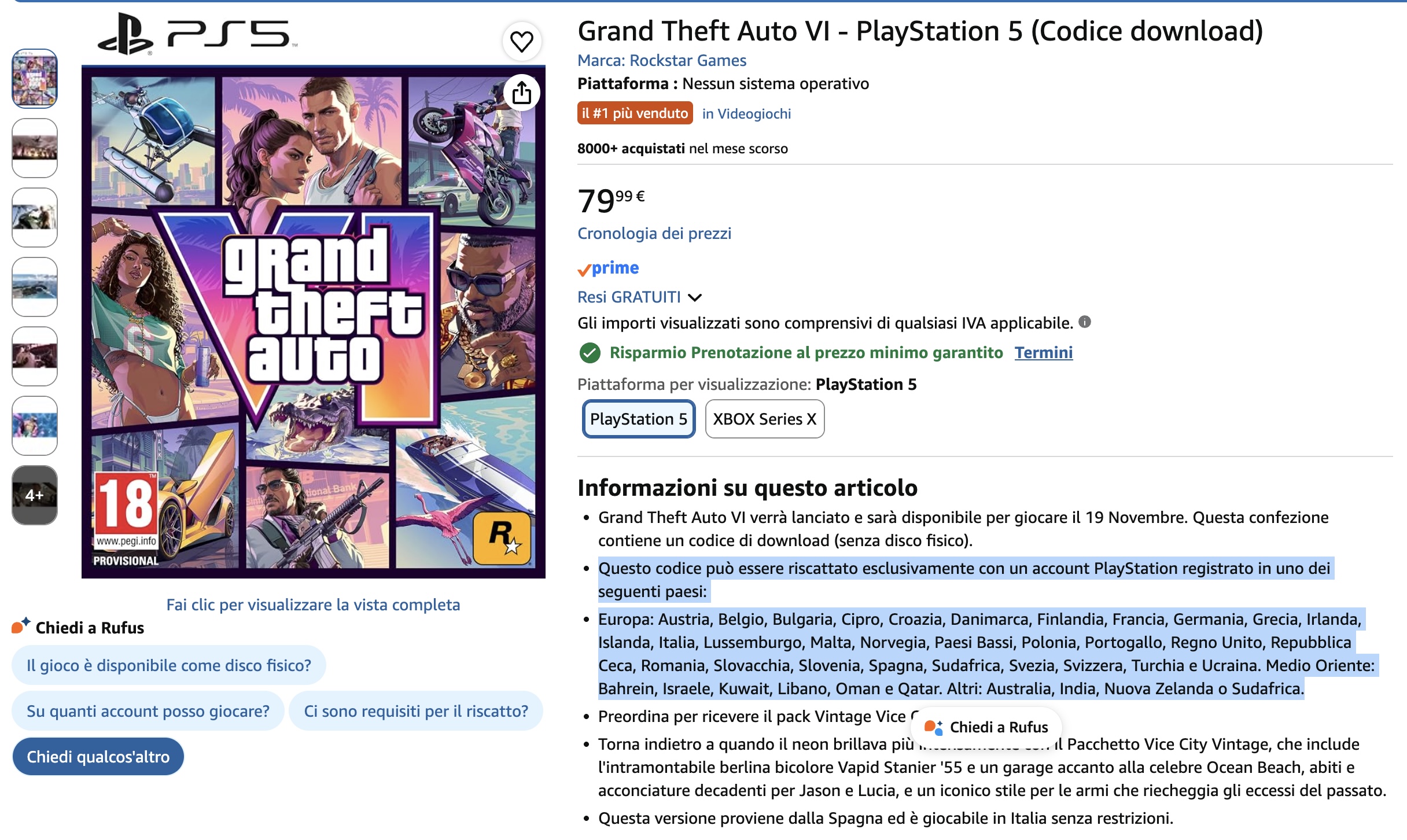 Scheda Amazon di Grand Theft Auto VI per PS5 in versione codice download, con l'elenco dei Paesi in cui il codice può essere riscattato