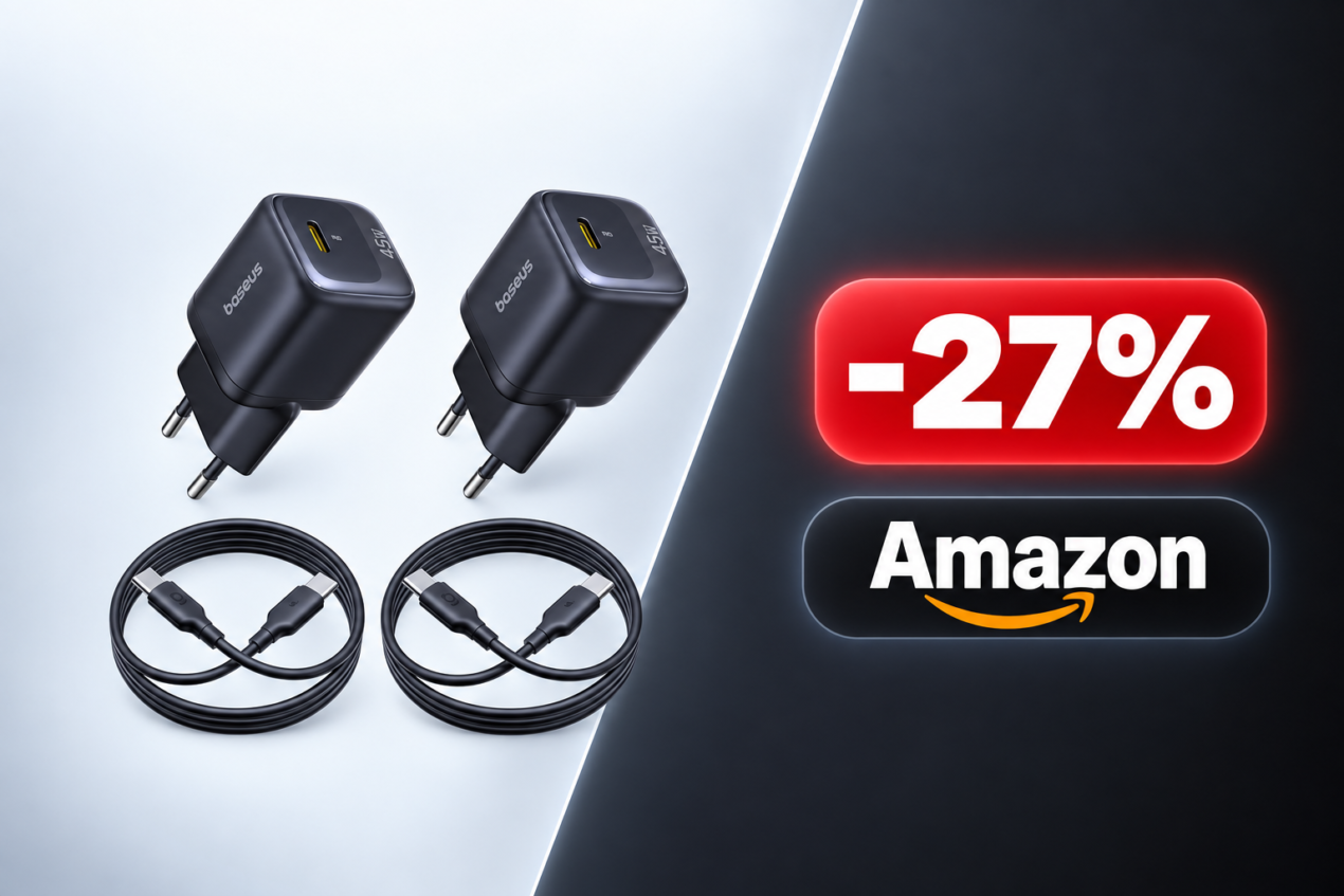 Baseus caricatore USB-C 45W doppio a 26,15€, minimo storico su Amazon