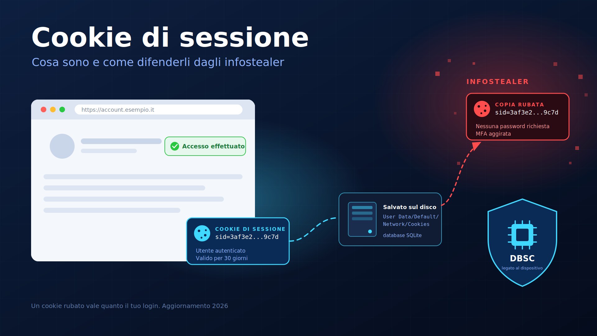 Cookie di sessione rubato da un infostealer: il token passa dal browser alla memoria e al disco mentre un attaccante lo afferra