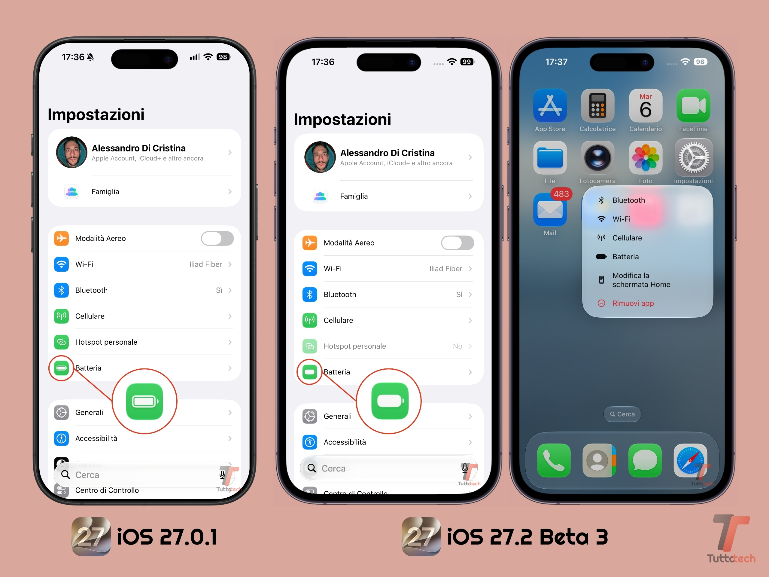 Apple iOS 27.2 DB3 - Icona batteria modificata impostazioni