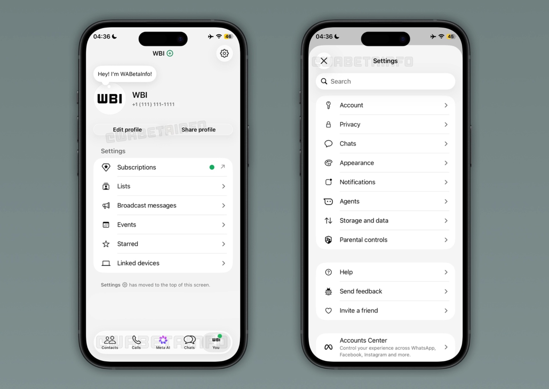 WhatsApp Beta per iOS v26.40.10.21 - Scheda Tu e impostazioni riprogettate WBI